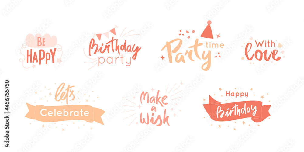 Birthday lettering set. Greeting quotes. Letters with ribbon, party ...