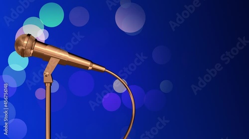 Golden microphone rotating on a stand. Colorful confetti flying on a blue background. Seamless looping