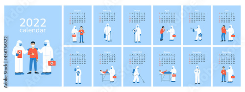 Vertical calendar 2022. Doctors. Happy New Year. Wall desk table calendar with patients, medical staff in hazmat suits masks. Medicine and healthcare. Health and care. People working in hospital