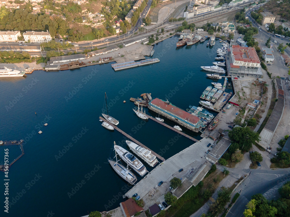quiet harbor in the sea bay from the air. Black Sea.