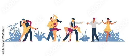 Banner with people dancing salsa flat vector illustration isolated on white. photo
