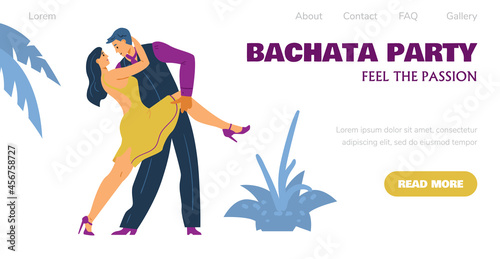 Bachata dancing party web banner with dancing couple flat vector illustration.