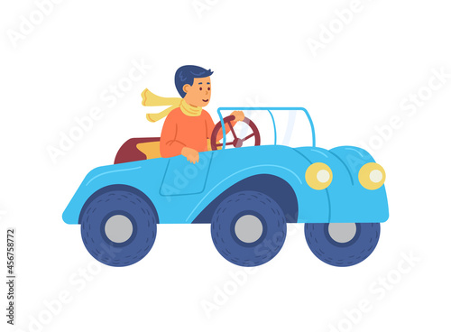 Child boy learning to drive cabriolet car, flat vector illustration isolated.
