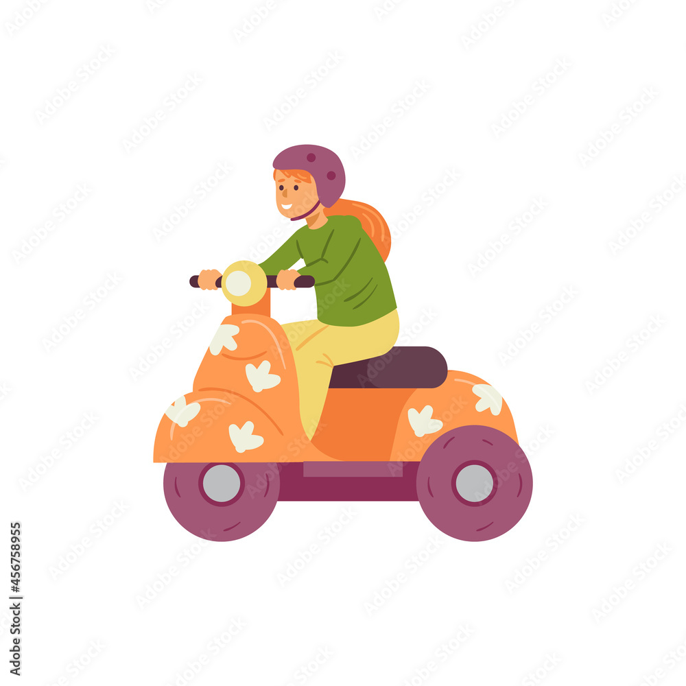 Child boy driving scooter or motorbike, flat vector illustration isolated.
