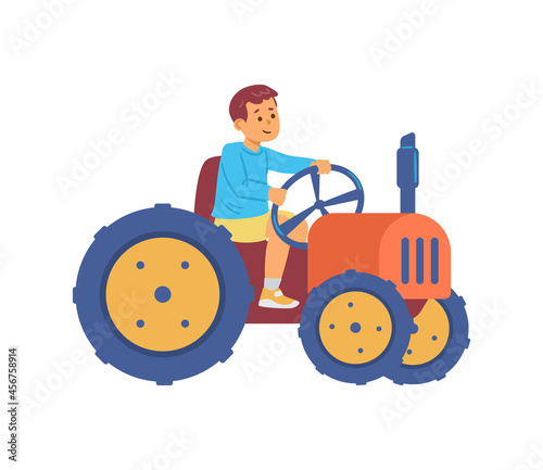 Child little farmer character driving tractor flat vector illustration isolated.