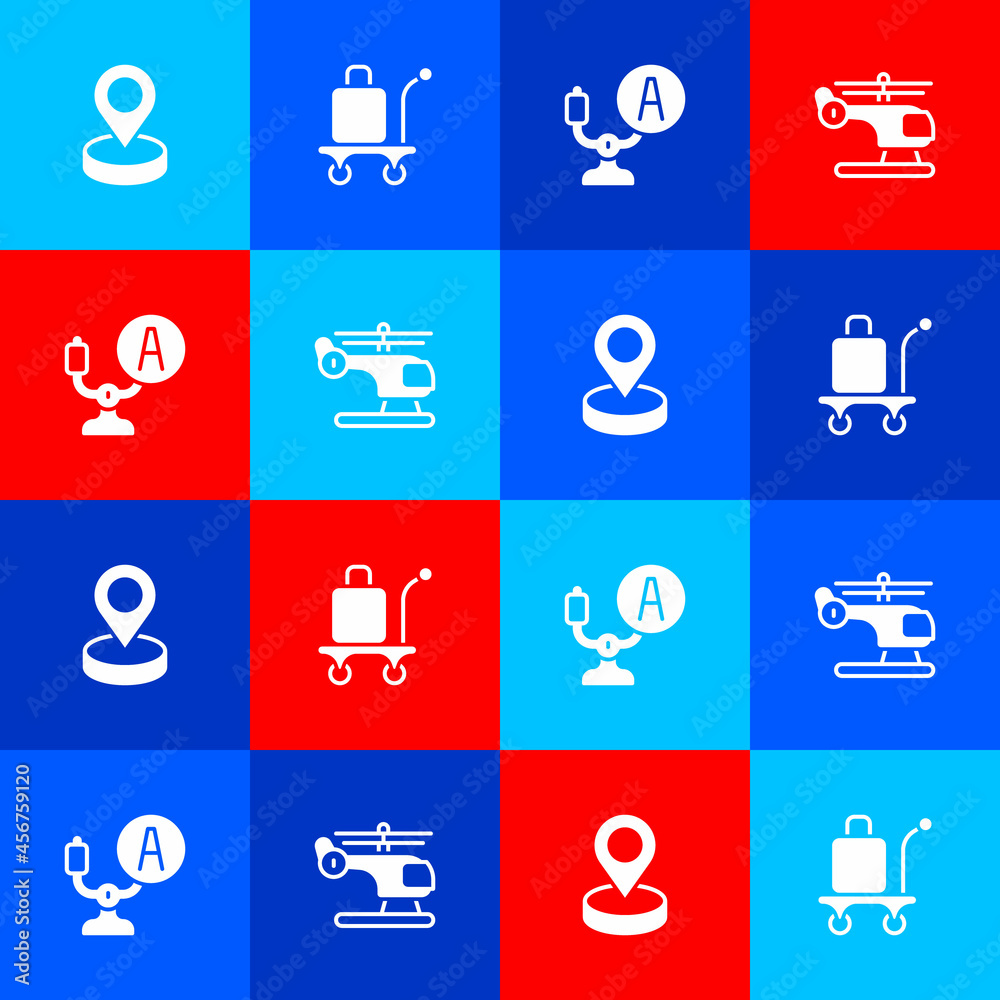 Set Location, Trolley baggage, Aircraft steering helm and Helicopter icon. Vector Set Location, Trolley baggage, Aircraft steering helm and Helicopter icon. Vector