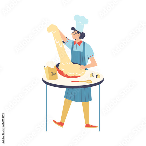 Funy cook male character kneads dough, flat vector illustration isolated.