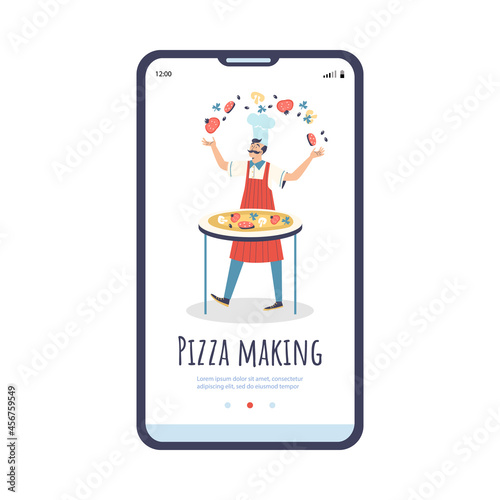 Pizza making onboarding page template with cook, flat vector illustration.