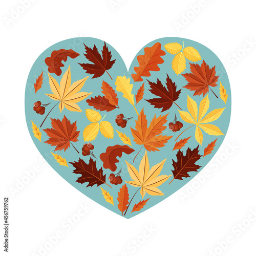 Autumn leaves on a blue heart-shaped background. A design element. Vector.