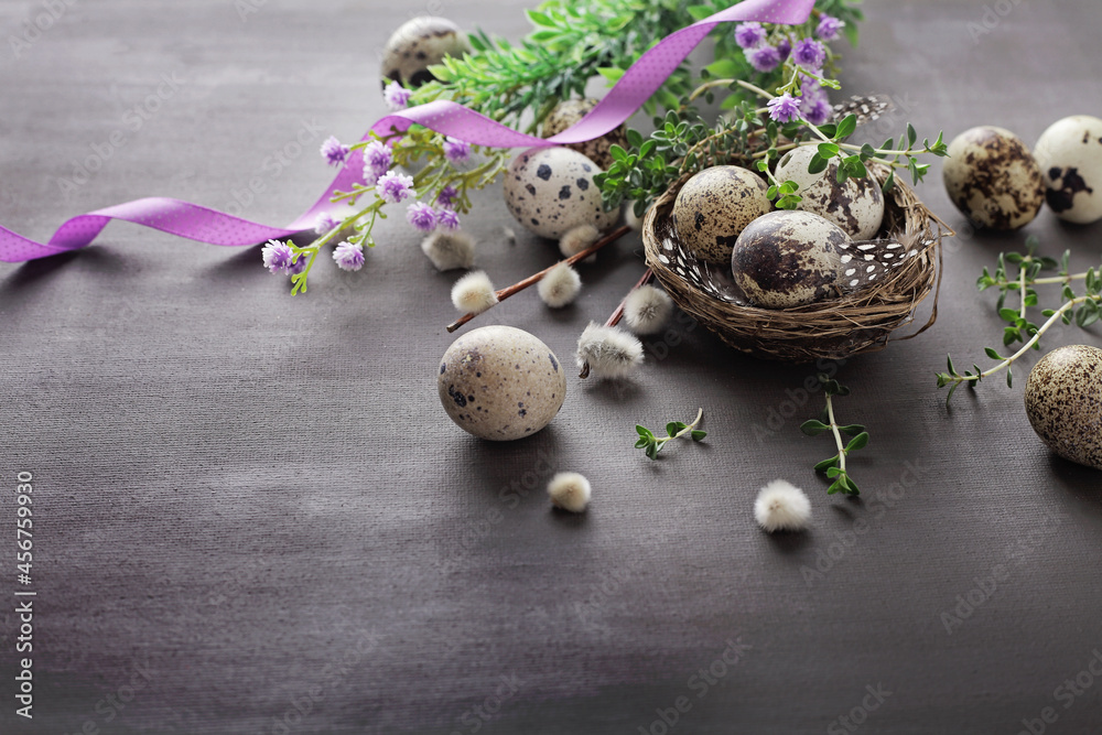 easter eggs and willow branches on black background easter eggs and willow branches on black background