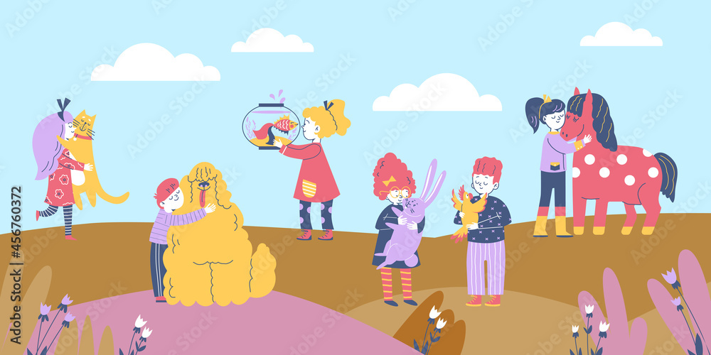 Fototapeta premium Children walking in park and hugging pets, flat cartoon vector illustration.