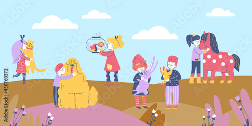 Children walking in park and hugging pets, flat cartoon vector illustration.