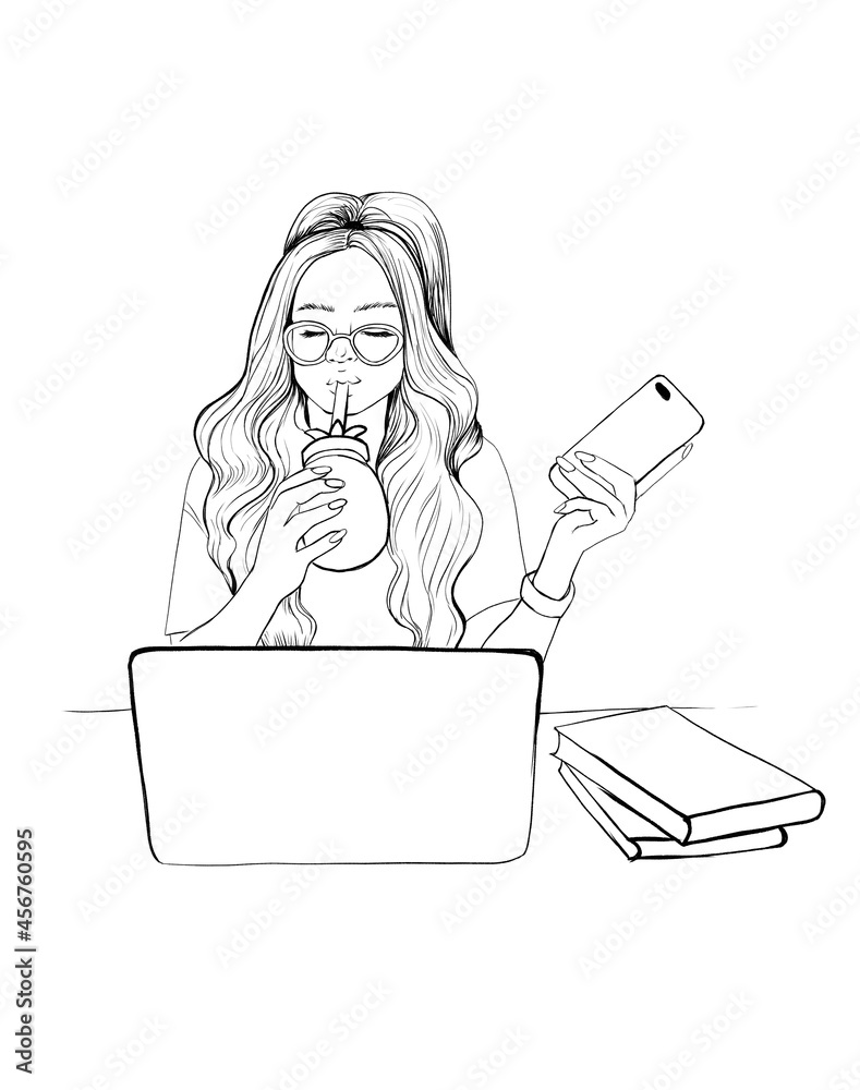 A teenage girl is sitting at a laptop, holding a mobile phone in her hand and drinking coffee. A girl with light wavy hair. A student in a T-shirt. Illustration A teenage girl is sitting at a laptop, holding a mobile phone in her hand and drinking coffee. A girl with light wavy hair. A student in a T-shirt. Illustration