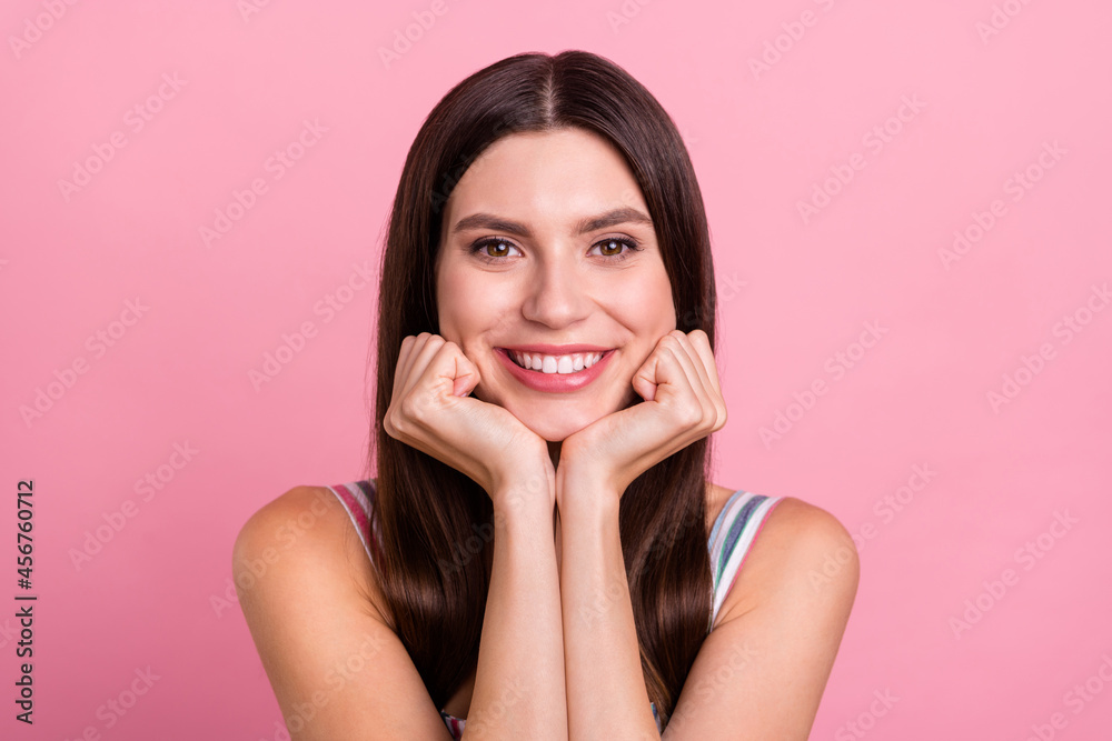Portrait of attractive cheerful sweet brown-haired girl waiting spending good day mood isolated over pink pastel color background Portrait of attractive cheerful sweet brown-haired girl waiting spending good day mood isolated over pink pastel color background