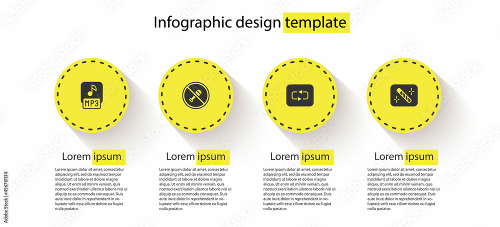 Set MP3 file, Mute microphone, Repeat button and Photo retouching. Business infographic template. Vector