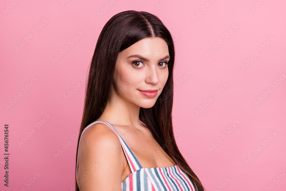 Profile side photo of young woman beauty cosmetology procedure fresh isolated over pink color background Profile side photo of young woman beauty cosmetology procedure fresh isolated over pink color background