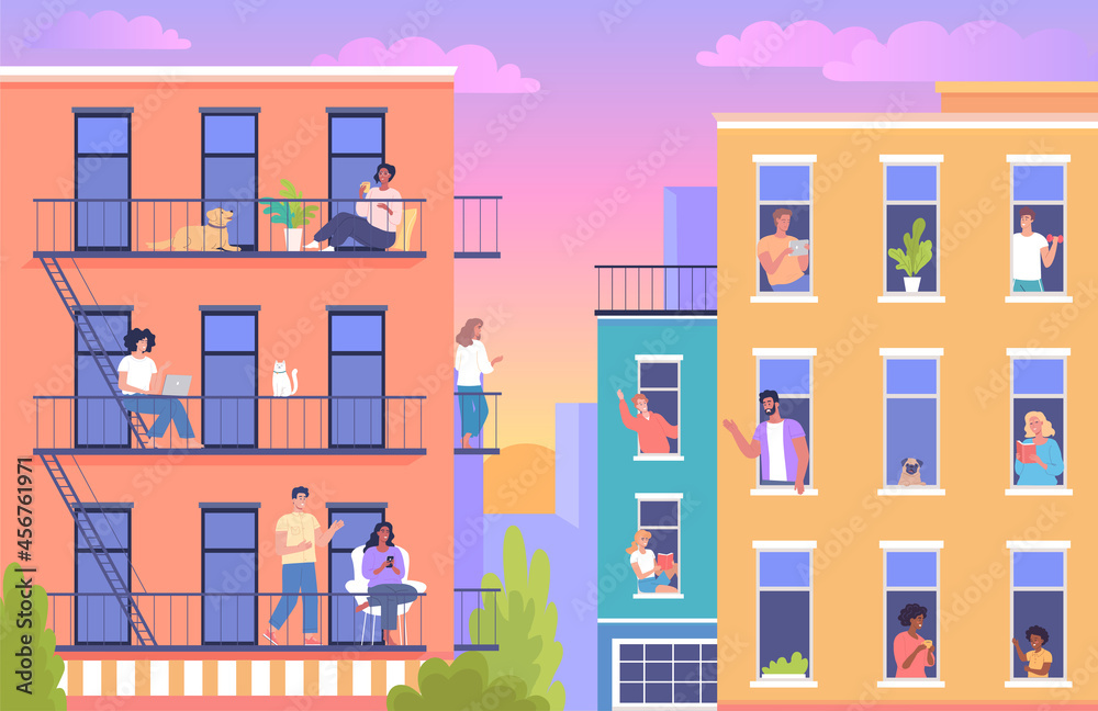 Colorful sunset in the modern city cartoon illustration. Happy neighbors communicates 