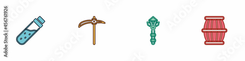 Set Bottle with potion, Pickaxe, Magic wand and Gun powder barrel icon. Vector