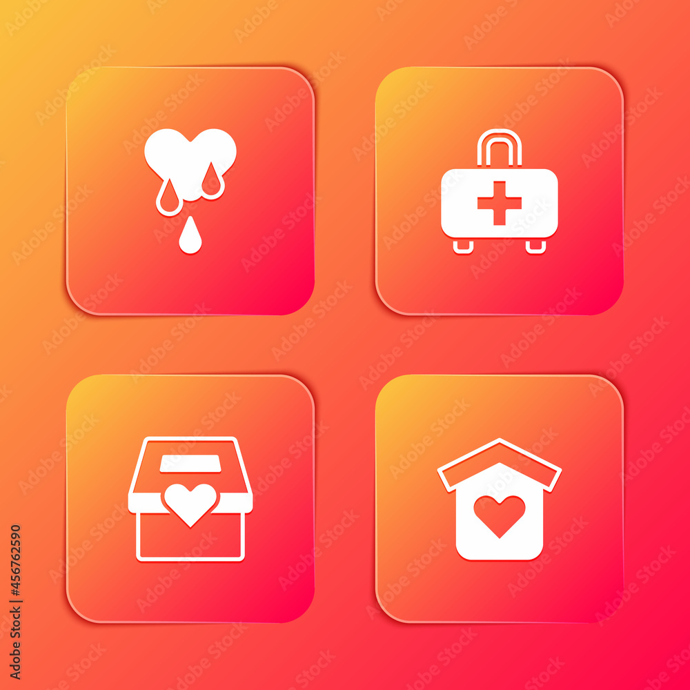 Set Blood donation, First aid kit, Donation and charity and Shelter for homeless icon. Vector Set Blood donation, First aid kit, Donation and charity and Shelter for homeless icon. Vector