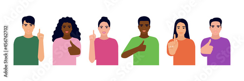 Group different young people with gesture of idea, curious note, quick tips. Man and woman think and solve. People have good idea. Vector illustration