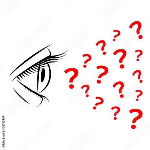 Outlines of human eye and plenty of red question marks