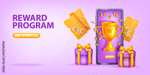 Online reward bonus vector background, loyalty program referral gift 3D banner, smartphone screen. Discount internet promotion landing page, golden cup, gift box, virtual giveaway award. Online reward