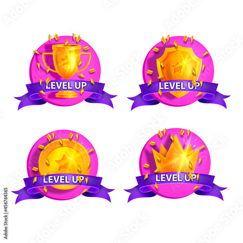 Level up game bonus badge set, vector cartoon casino reward kit, golden cup, shield, crown, purple ribbon. Mobile app achievement award, UI rating 3D winner gift. Level up game trophy sticker emblem