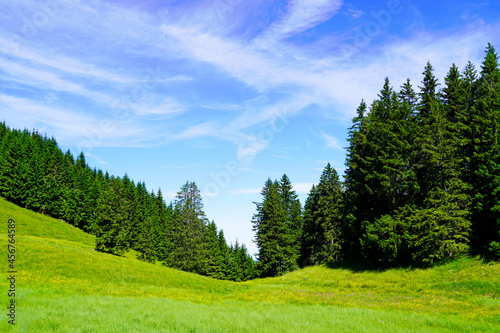 View from the Alpspitz alpine summit in the Allgäu. Bavarian panorama landscape.