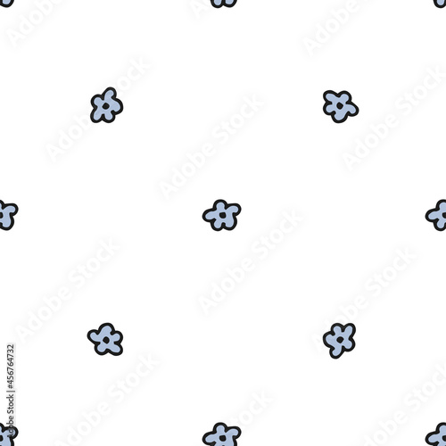 Seamless pattern. Doodle style hand drawn. Nature  animals and elements. Blue flowers on a white background.