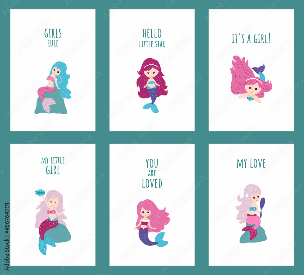 Set of posters, greeting cards with cute little mermaid.Vector cartoon Set of posters, greeting cards with cute little mermaid.Vector cartoon