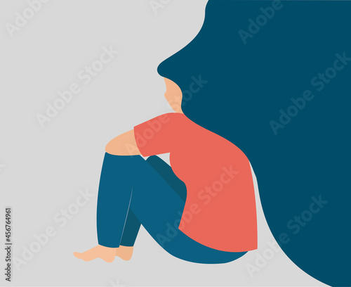 Lonely girl suffers from depression with flying hair. Young woman sitting and hugging her knees. Depressed teenager or adolescent feeling solitude. Mental health disorders concept. Back view vector. 