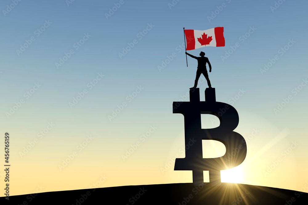 Person waving a canada flag standing on top of a bitcoin cryptocurrency symbol. 3D Rendering Person waving a canada flag standing on top of a bitcoin cryptocurrency symbol. 3D Rendering