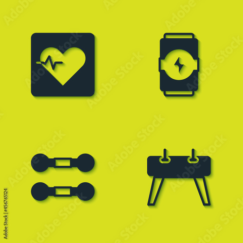 Set Heart rate, Pommel horse, Dumbbell and Energy drink icon. Vector