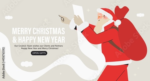Santa Claus holding long gift wish list. Winter holidays, Christmas and New year sale or market concept. Santa character choose presents banner, advertisment, website or social media greeting.