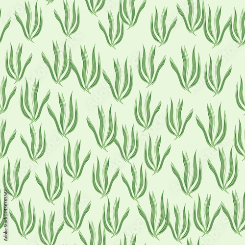 Cute green seaweeds seamless pattern. Underwater foliage backdrop. Marine plants wallpaper.