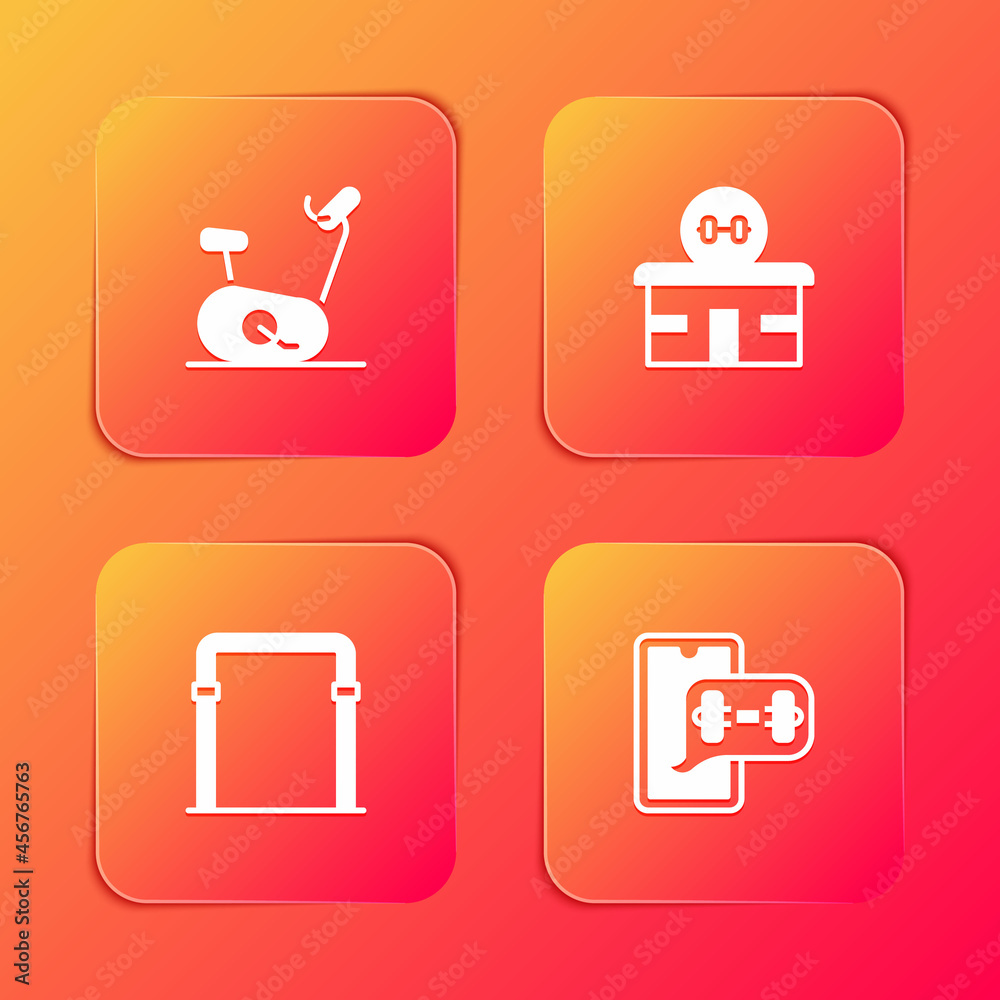 Set Stationary bicycle, Gym building, Sport horizontal bar and Fitness app icon. Vector Set Stationary bicycle, Gym building, Sport horizontal bar and Fitness app icon. Vector