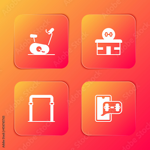 Set Stationary bicycle, Gym building, Sport horizontal bar and Fitness app icon. Vector