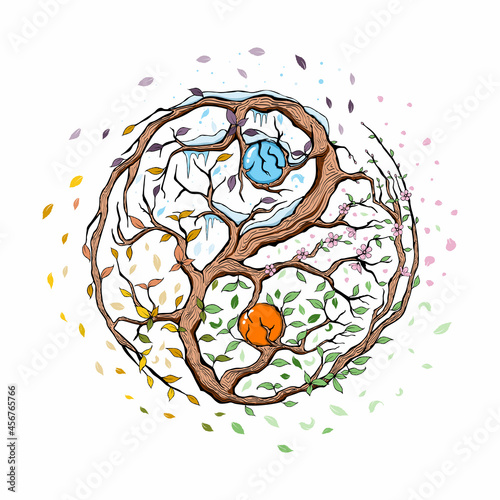 Yin Yang symbol, seasons, winter, spring, summer, autumn, unity and opposite