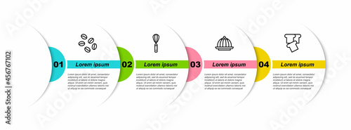 Set line Coffee beans, Kitchen whisk, Pudding custard and Bread toast. Business infographic template. Vector