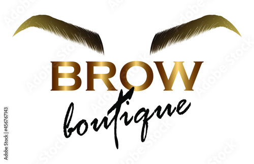 Illustration with woman's eyebrows. Realistic sexy makeup look. Tattoo design. Gold logo for brow bar or salon.