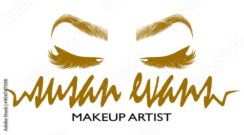 Illustration with woman's eyes, eyelashes and eyebrows. Tattoo design. Gold logo for makeup artist or master, brow bar or lash salon.