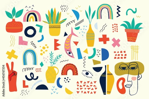 Set of hand drawn various faces, shapes and doodle objects. Abstract contemporary modern vector illustration.