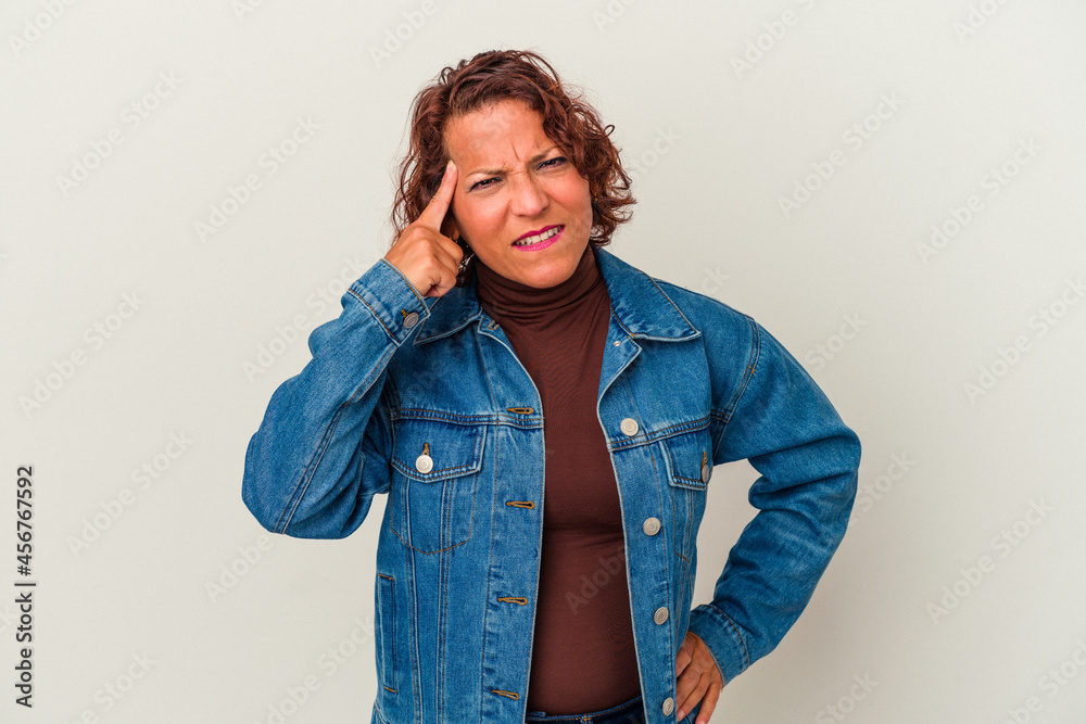 Middle age latin woman isolated on white background pointing temple with finger, thinking, focused on a task. Middle age latin woman isolated on white background pointing temple with finger, thinking, focused on a task.