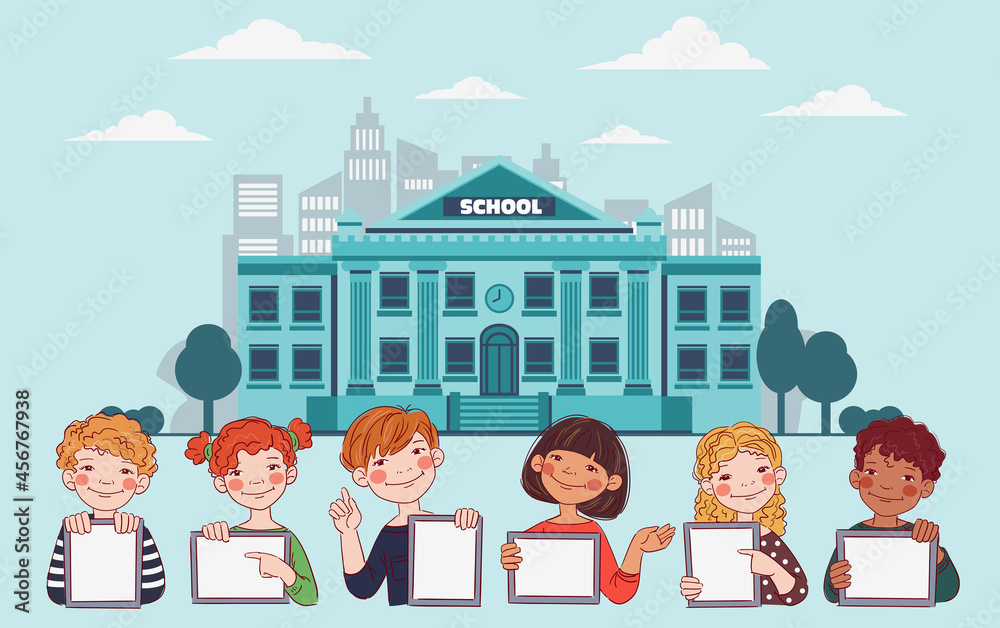 Happy boys and girls showing blank digital tablet screen. Cute kids using tablets. Back to school vector concept
Happy boys and girls showing blank digital tablet screen. Cute kids using tablets. Back to school vector concept