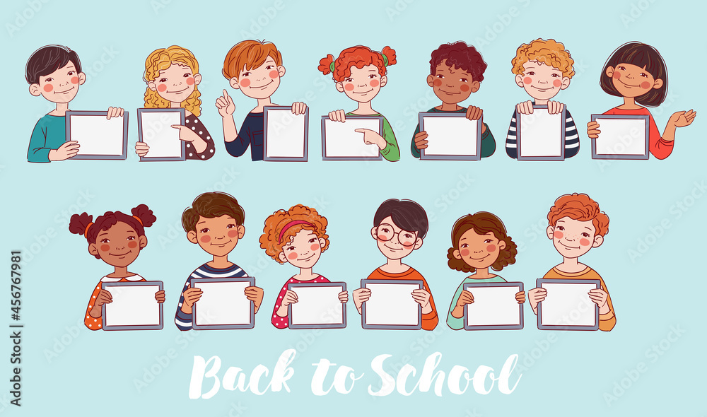 Happy boys and girls showing blank digital tablet screen. Cute kids using tablets. Back to school vector concept
Happy boys and girls showing blank digital tablet screen. Cute kids using tablets. Back to school vector concept