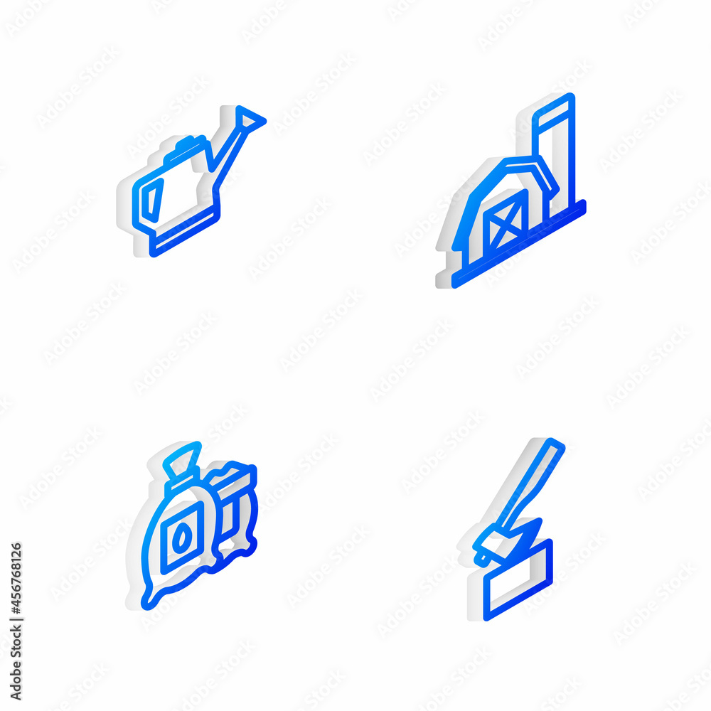 Set Isometric line Farm house, Watering can, Pack full of seeds of plant and Wooden axe icon. Vector Set Isometric line Farm house, Watering can, Pack full of seeds of plant and Wooden axe icon. Vector