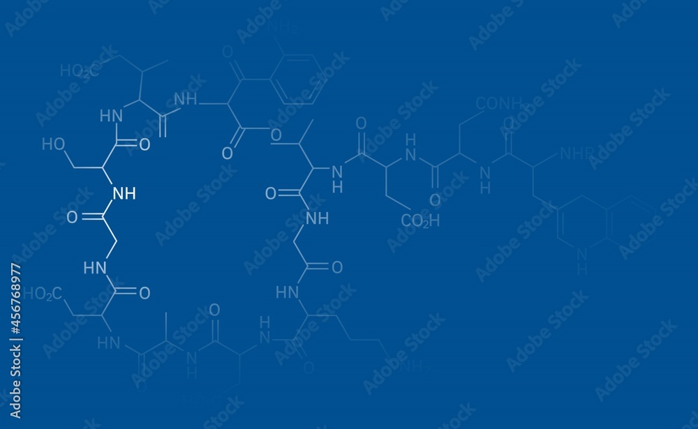 Background for a presentation on chemistry. Formulas of organic chemistry. Abstract illustration of the formula for organic chemistry on a blue background and free space for the text .