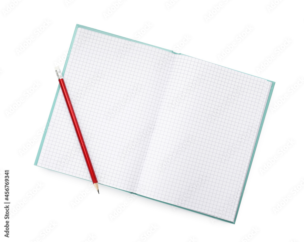 Open notebook with blank sheets and pencil isolated on white, top view Open notebook with blank sheets and pencil isolated on white, top view