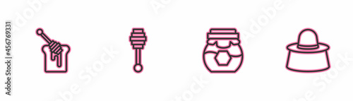 Set line Honey dipper stick with honey, Jar of, and Beekeeper protect hat icon. Vector
