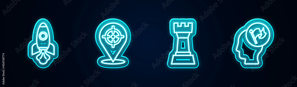 Set line Rocket ship, Target, Chess and Hand holding flag. Glowing neon icon. Vector Set line Rocket ship, Target, Chess and Hand holding flag. Glowing neon icon. Vector